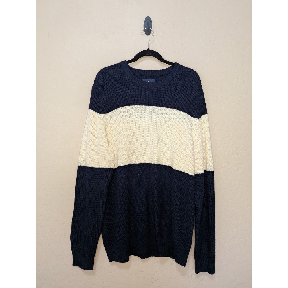 American Eagle Mens XL Navy Blue Cream Colorblock Ribbed Knit Crewneck Sweater